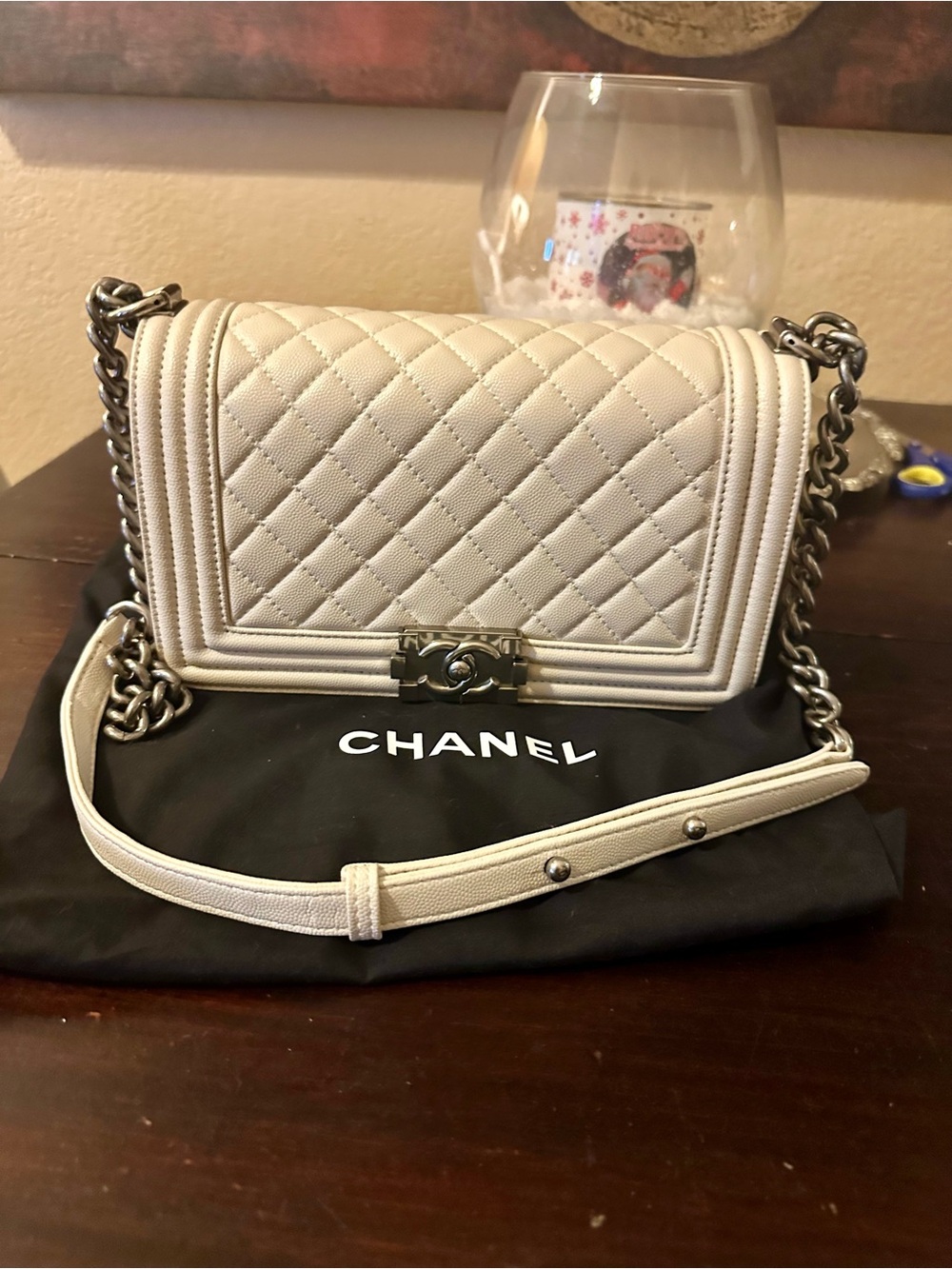 CC Quilted Boy Crossbody Bag - White with Silver Hardware